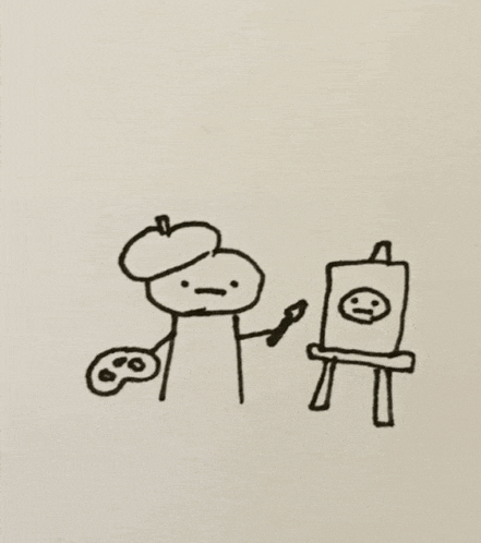 a drawing of a person holding a brush and a palette next to an easel with a face on it