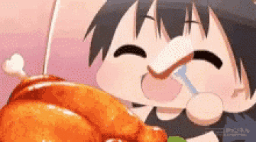 a cartoon character is eating a chicken with a spoon .