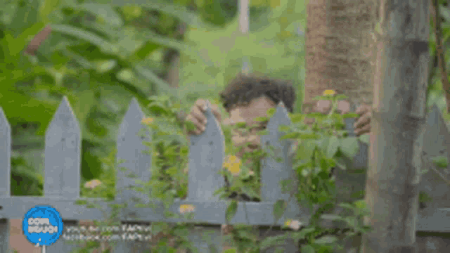 a man is standing behind a picket fence in a garden .