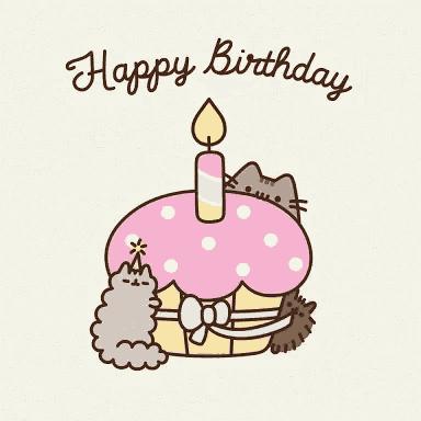 a happy birthday card with a cupcake with a candle and a cat on it