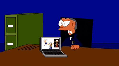 a cartoon of a man sitting at a table with his hand out .