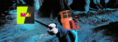 a man is holding a sword in front of a pixelated image of a building