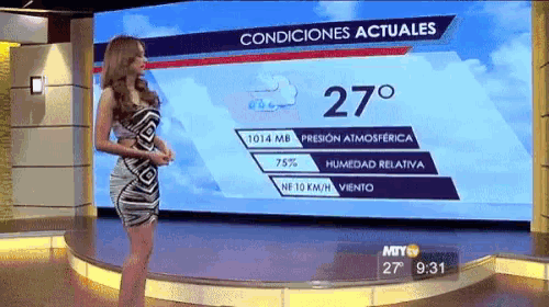 a woman stands on a stage in front of a large screen that says condiciones actuales