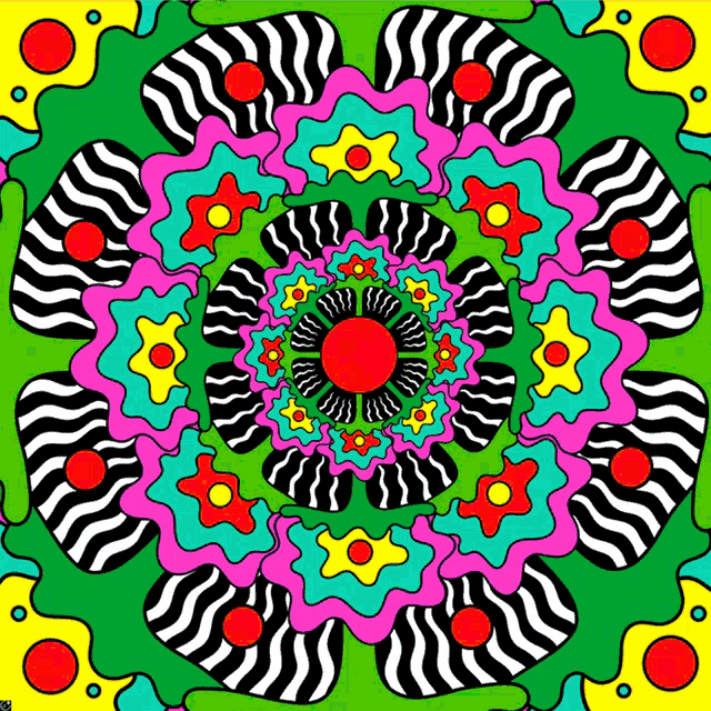 a colorful circular design with a red center and black and white stripes