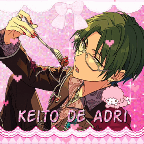 a man with green hair is holding a fork and says keito de adri