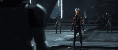 a cartoon character is holding a green lightsaber in her hand