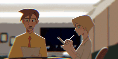 a man in a yellow shirt and tie is talking to a woman who is writing on a piece of paper .