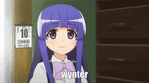 a girl with purple hair is smiling in front of a calendar that says 1863