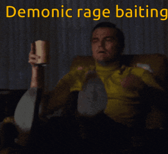 a man is sitting on a couch and pointing with the words demonic rage baiting behind him