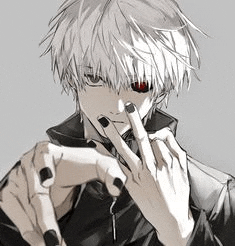 a black and white drawing of a boy with red eyes and white hair .