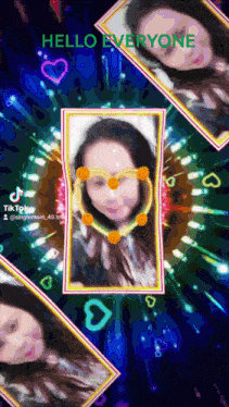 a woman 's face is surrounded by hearts and the words " hello everyone "