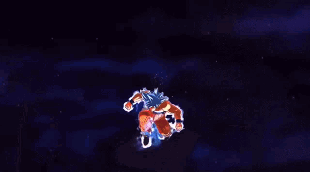 a cartoon character with a blue hair and red pants is standing in a dark room .