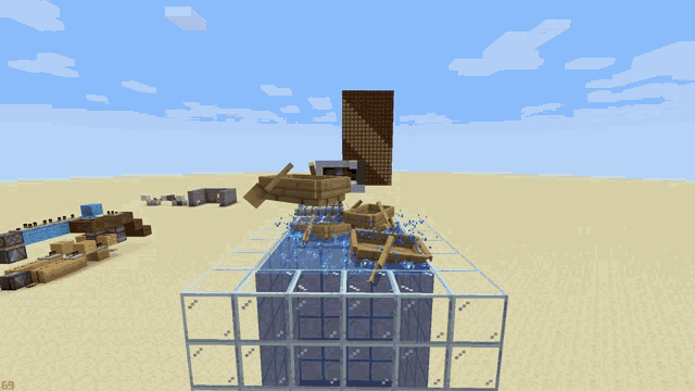a screenshot of a minecraft game shows a wooden boat in a glass container
