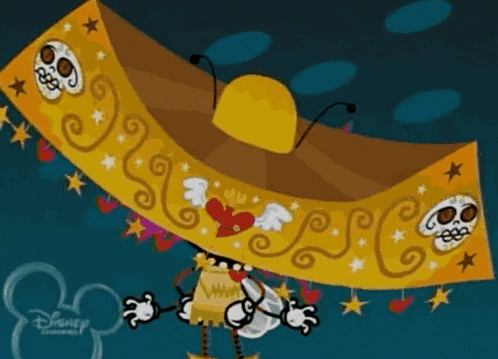 a cartoon character is wearing a yellow sombrero with skulls and stars on it