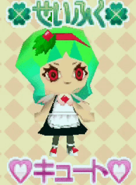 a cartoon girl with green hair and red eyes is standing in front of a checkered background with the words " cute " on it
