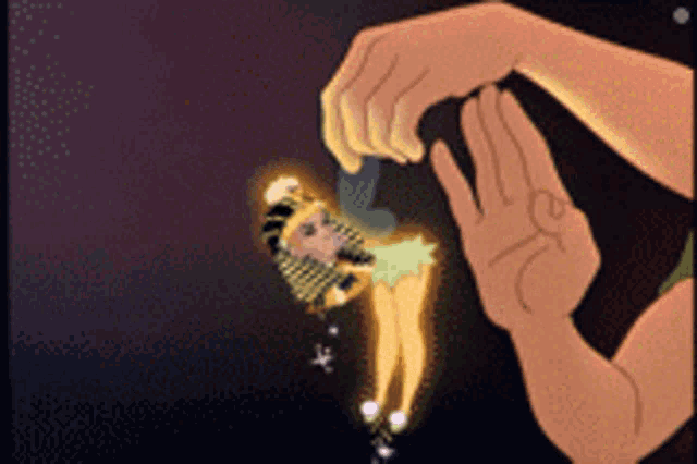 a cartoon of a fairy being held by a man 's hand
