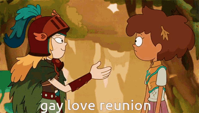 a cartoon of a girl in a knight 's helmet talking to another girl with the words gay love reunion below them