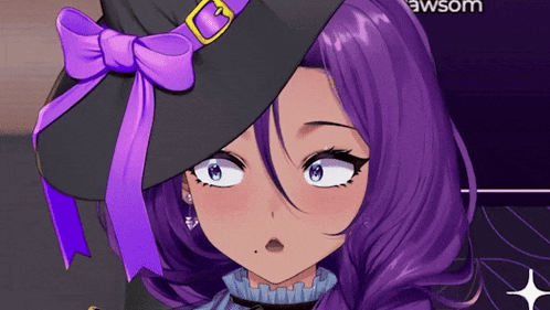 a girl with purple hair wearing a witch hat with a purple bow