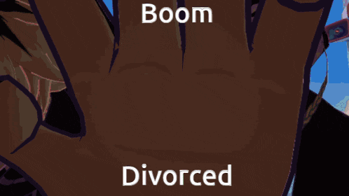 a picture of a person with the words boom divorced above them