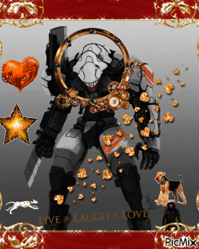a picture of a robot with the words live laugh love