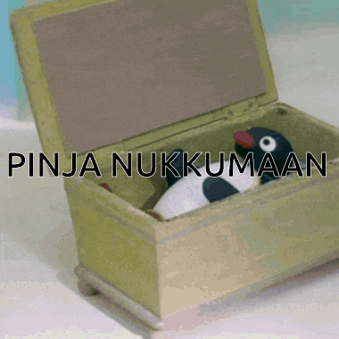 a stuffed penguin in a box that says ' pinja nukkumaan '