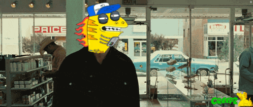 a cartoon character is standing in front of a store with a sign that says price