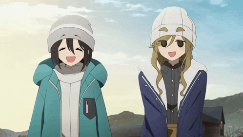two anime girls are standing next to each other with one wearing a blue jacket
