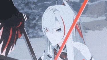 a girl with white hair and red eyes is holding a red sword