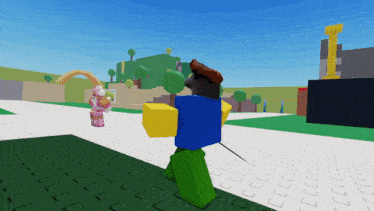 a cartoon character in a video game is standing in front of a building that has the letter i on it