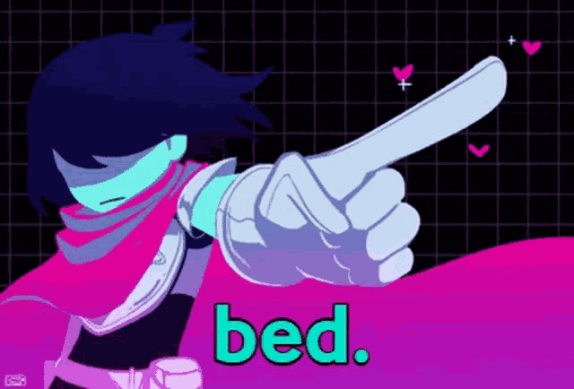 a cartoon character pointing at the word bed on a purple background
