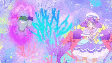 a pixel art painting of a girl with pink hair and a purple dress .