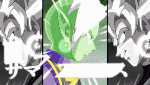 a cartoon of a green alien with white hair and a purple jacket