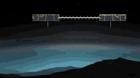 a drawing of a satellite flying over a mountain range