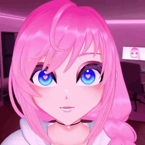 a girl with pink hair and blue eyes smiles for the camera