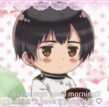 a young boy is holding a cup of coffee and says `` ayana says good morning ! have a good day ! ''