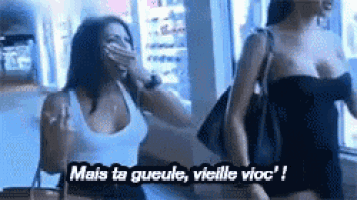 a couple of women standing next to each other with the words mais ta gueule vielle vioc on the bottom