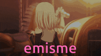 a girl in a black dress is standing in front of a carousel with the word emisme written in pink
