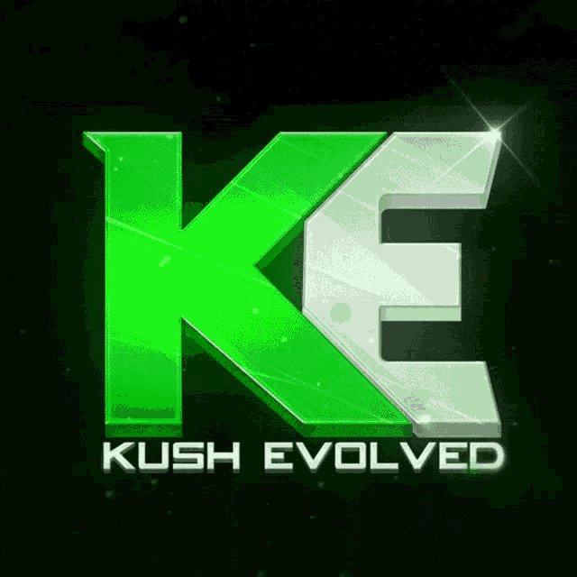 a green and white logo for kush evolved with a black background