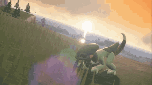 a computer generated image of a dinosaur in a field with a sunset in the background