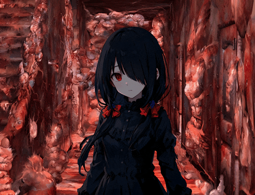 a girl with black hair and red eyes is standing in a hallway