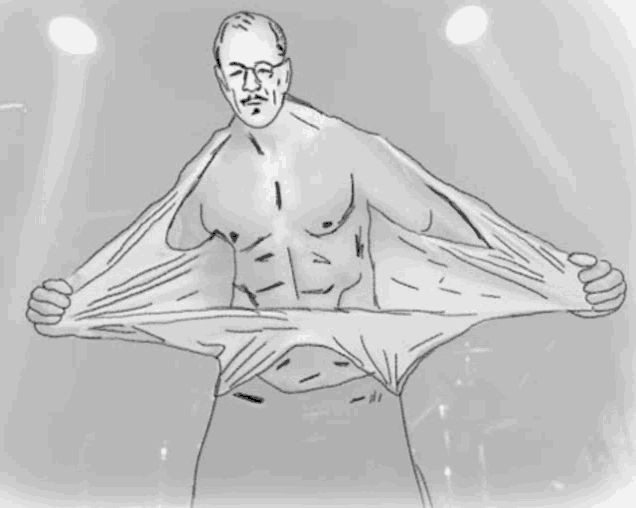 a black and white drawing of a shirtless man taking off his shirt