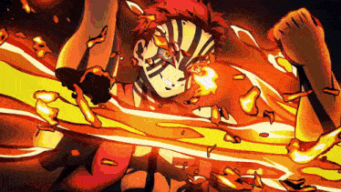 a cartoon character with red hair and a striped mask is surrounded by fire