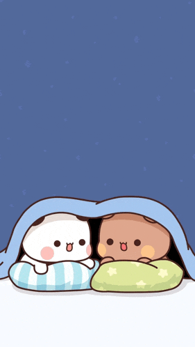 two cartoon animals are laying under a blue blanket