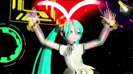 a pixel art drawing of hatsune miku with a red heart behind her