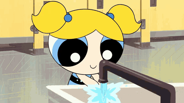 bubbles from the powerpuff girls washing her hands in a sink