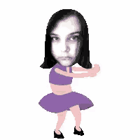 a cartoon of a woman in a purple dress with a face on her chest .