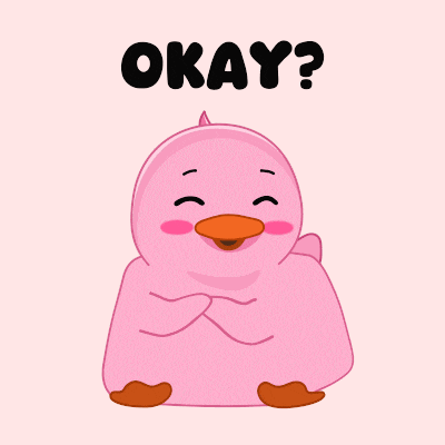 a pink duck with the word okay written above it