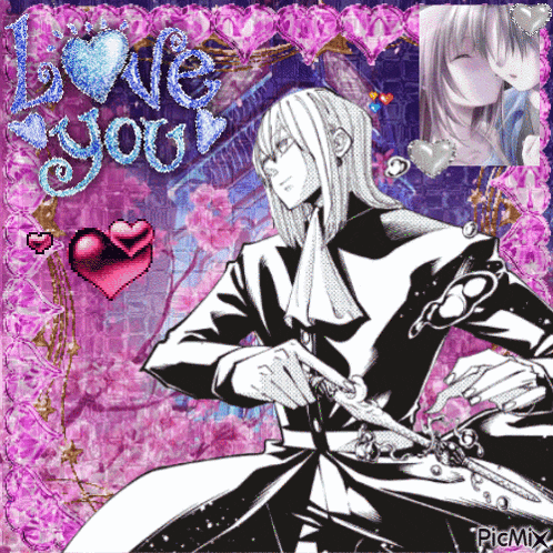 a picture of a man holding a pair of scissors with the words love you written on it