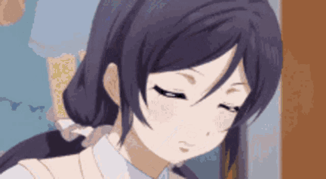 a close up of a anime girl with purple hair and a white shirt .