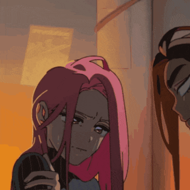 a cartoon drawing of a woman with pink hair and a sign that says revolution